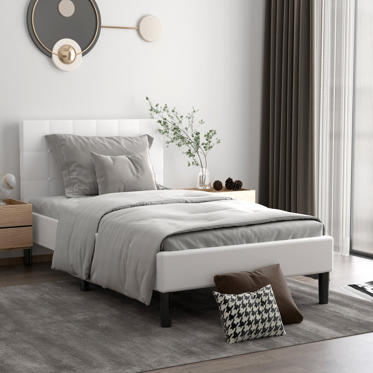 Twin Upholstered Bed Frame Button Tufted Headboard - Beige
