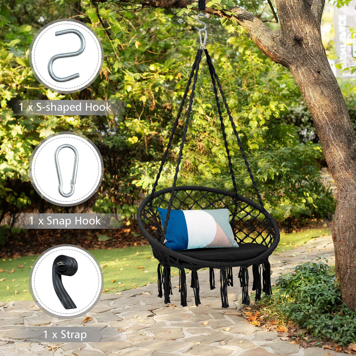 Cushioned Hammock Swing Chair with Hanging Kit - Black