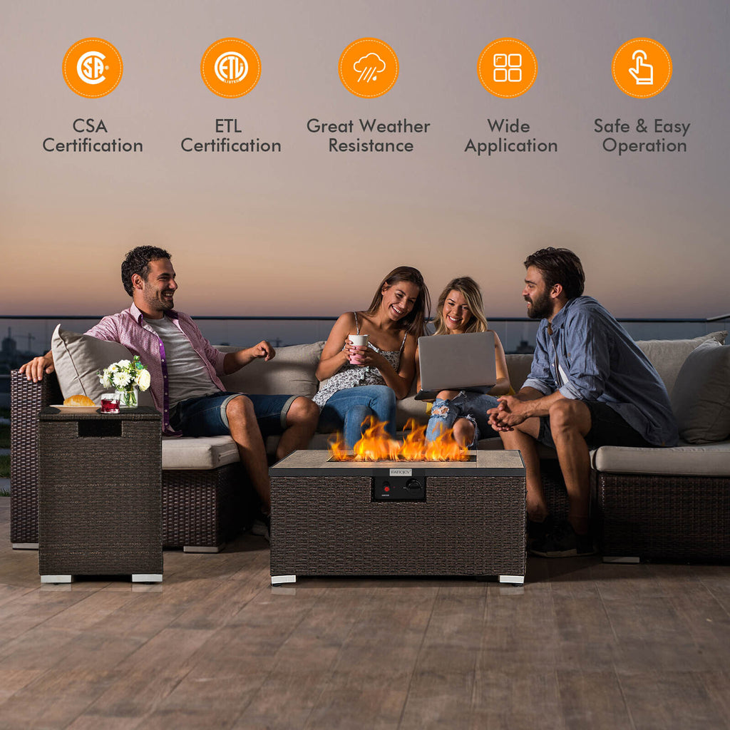 32 x 20 Propane Rattan Fire Pit Table with Side Table - Brown