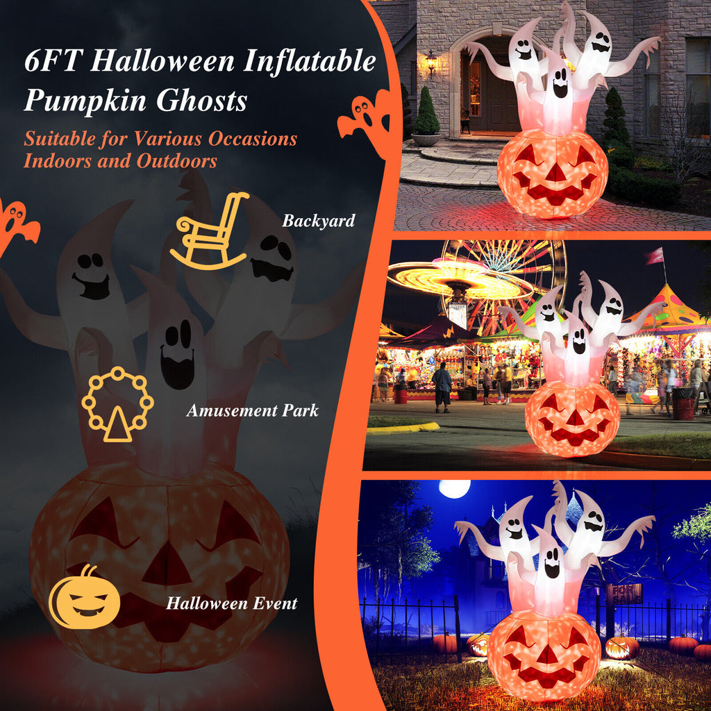 Inflatable Halloween Ghosts with Pumpkin Decor & Rotating Lamp - 6 Feet
