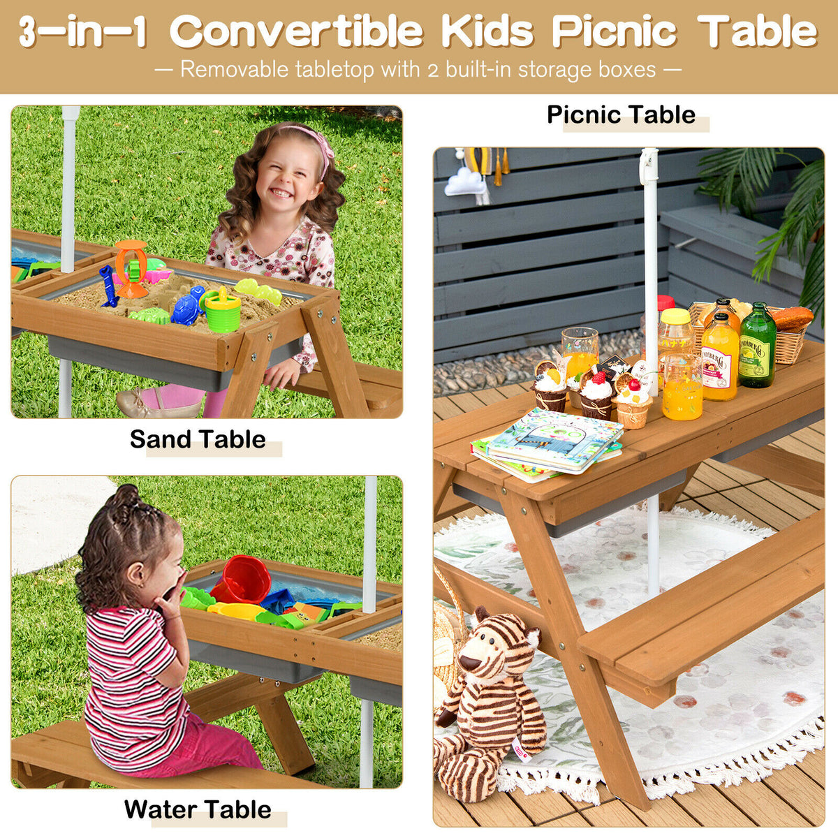 Kids 3-in-1 Outdoor Water and Sand Play Table with Removable Umbrella and Storage - Green