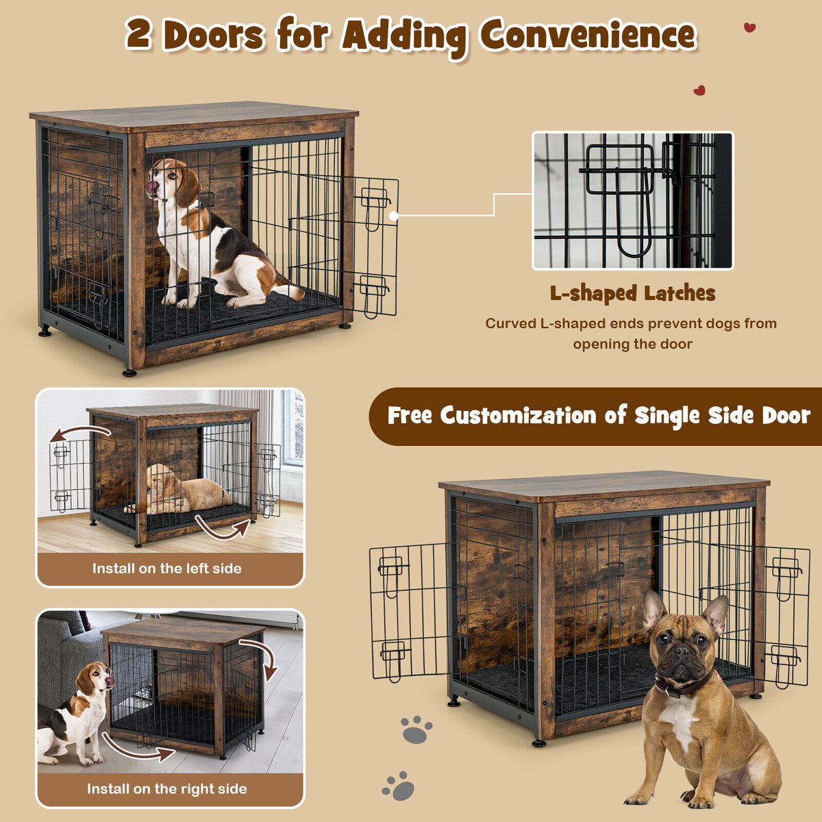 Wooden Dog Crate Furniture with Double Door & Tray - Brown