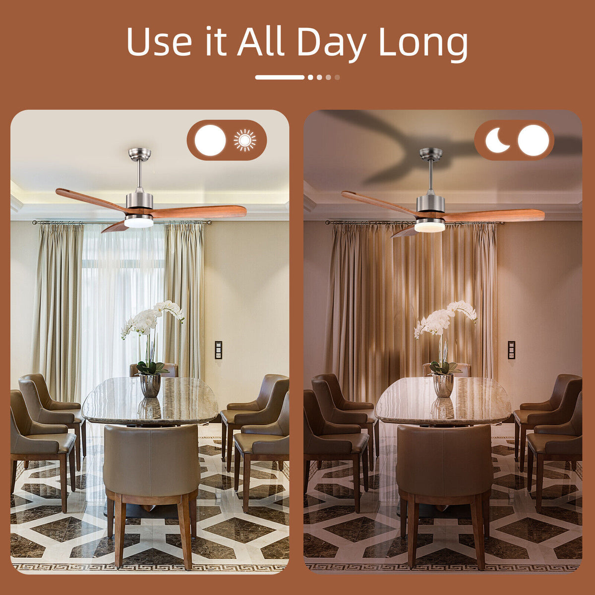 52 Inch Reversible Ceiling Fan with LED Light and Adjustable Temperature - Silver