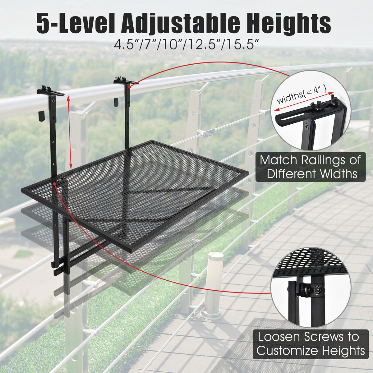 Metal Folding Railing Table - 5-Level Adjustable Heights