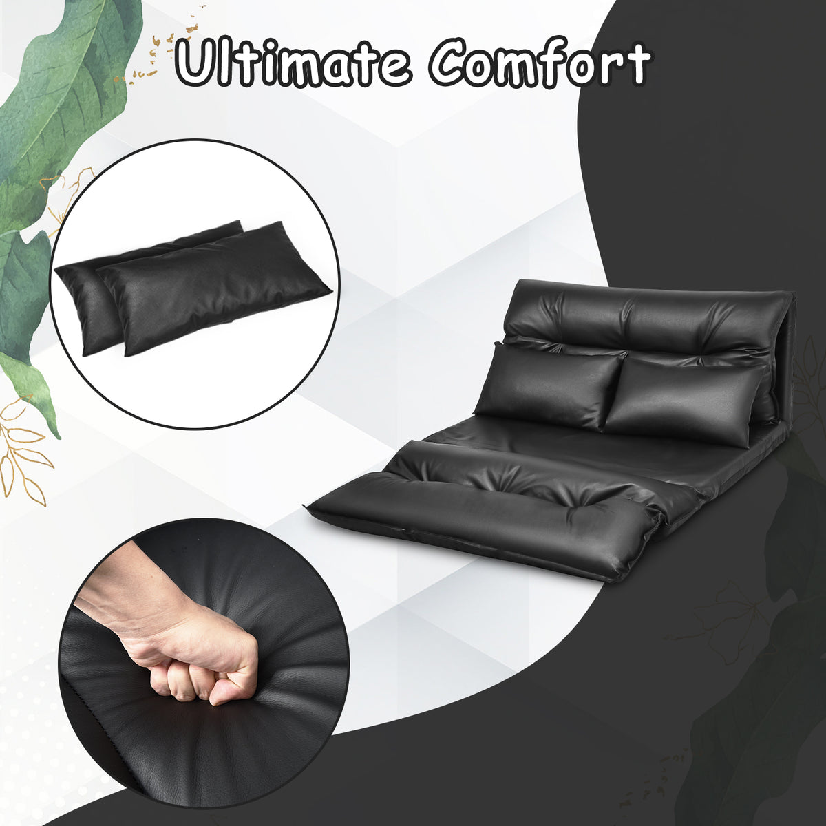 Foldable PU Leather Floor Sofa Bed with Pillows - Black