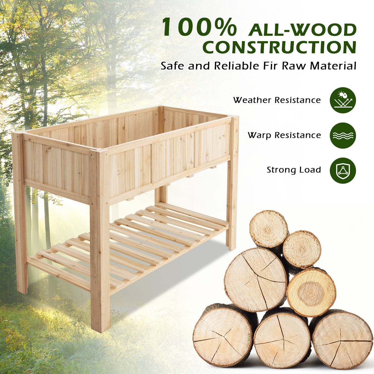 47 Inch Wooden Raised Garden Bed with Bottom Shelf and Liner
