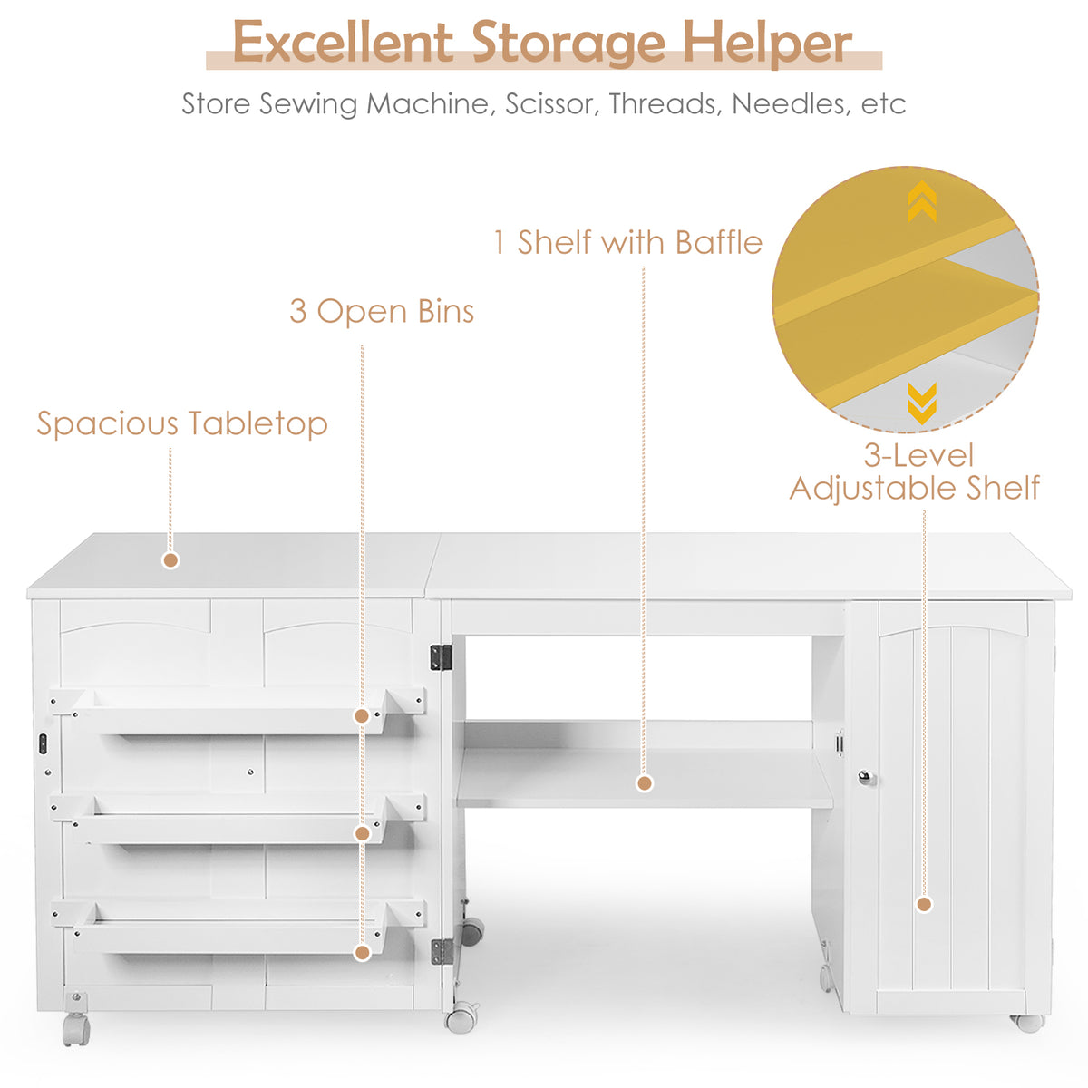 Folding Sewing Table with Storage Shelves and Lockable Casters - White
