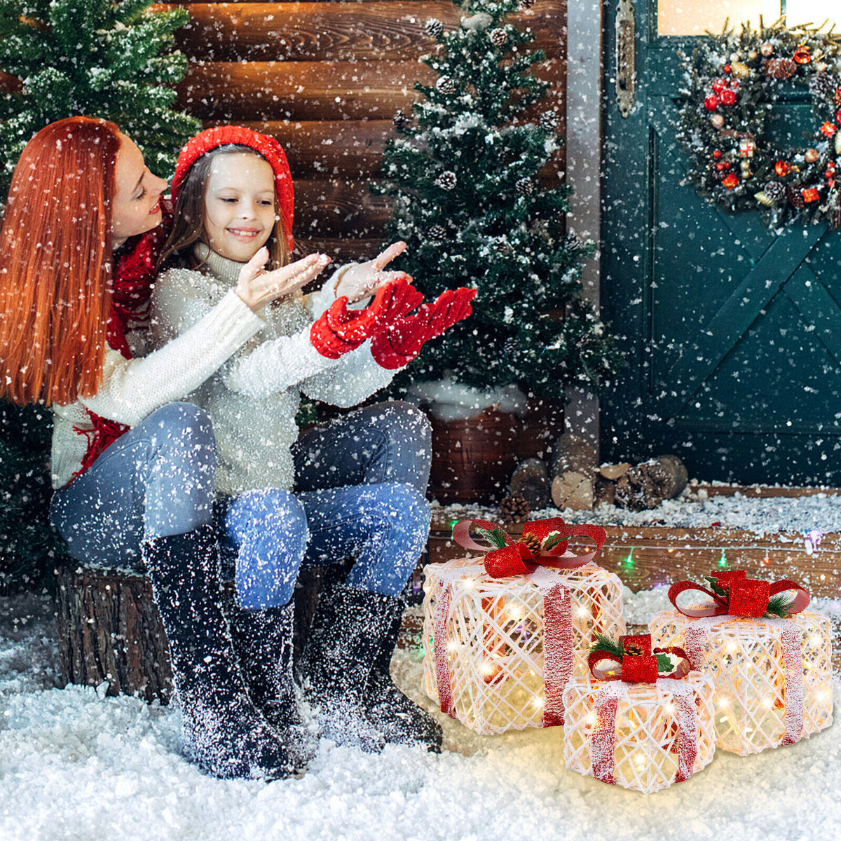 Set of 3 Lighted Christmas Gift Boxes Decorations with Red Bows - Indoor Outdoor Holiday Decor