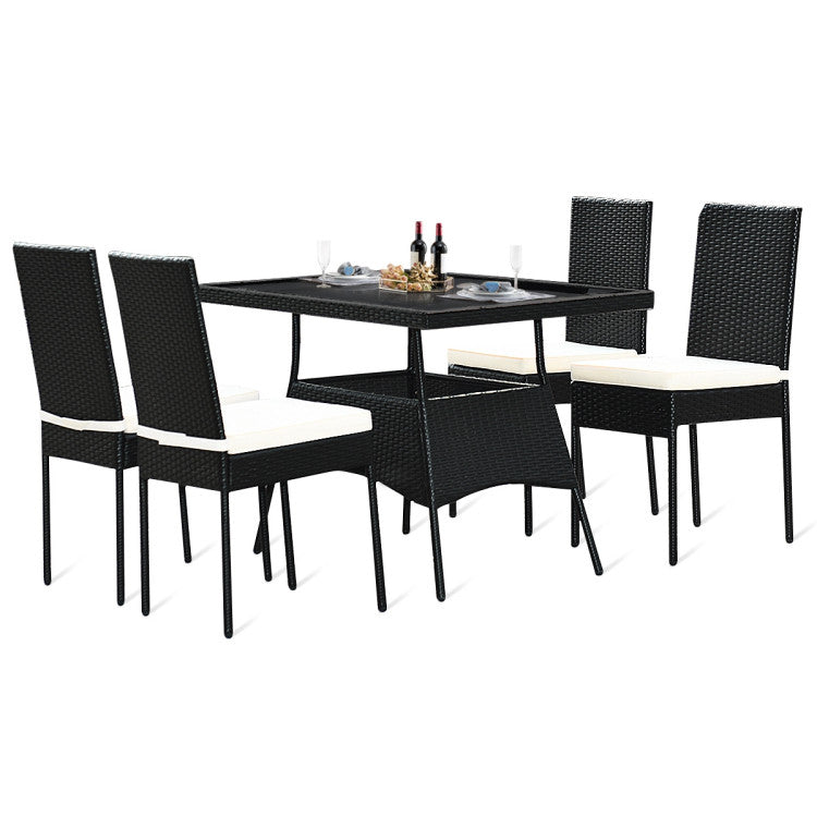5-Piece Rattan Dining Set with Glass Table & Black Chairs