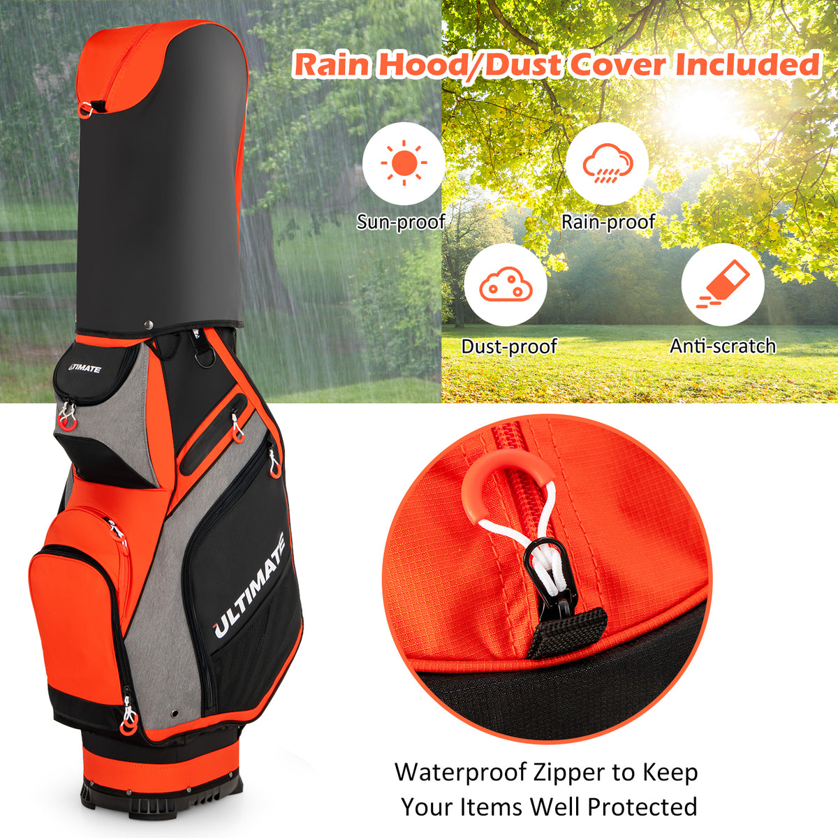 Golf Cart Bag 10.5 Inch with 14 Dividers & 7 Pockets - Orange