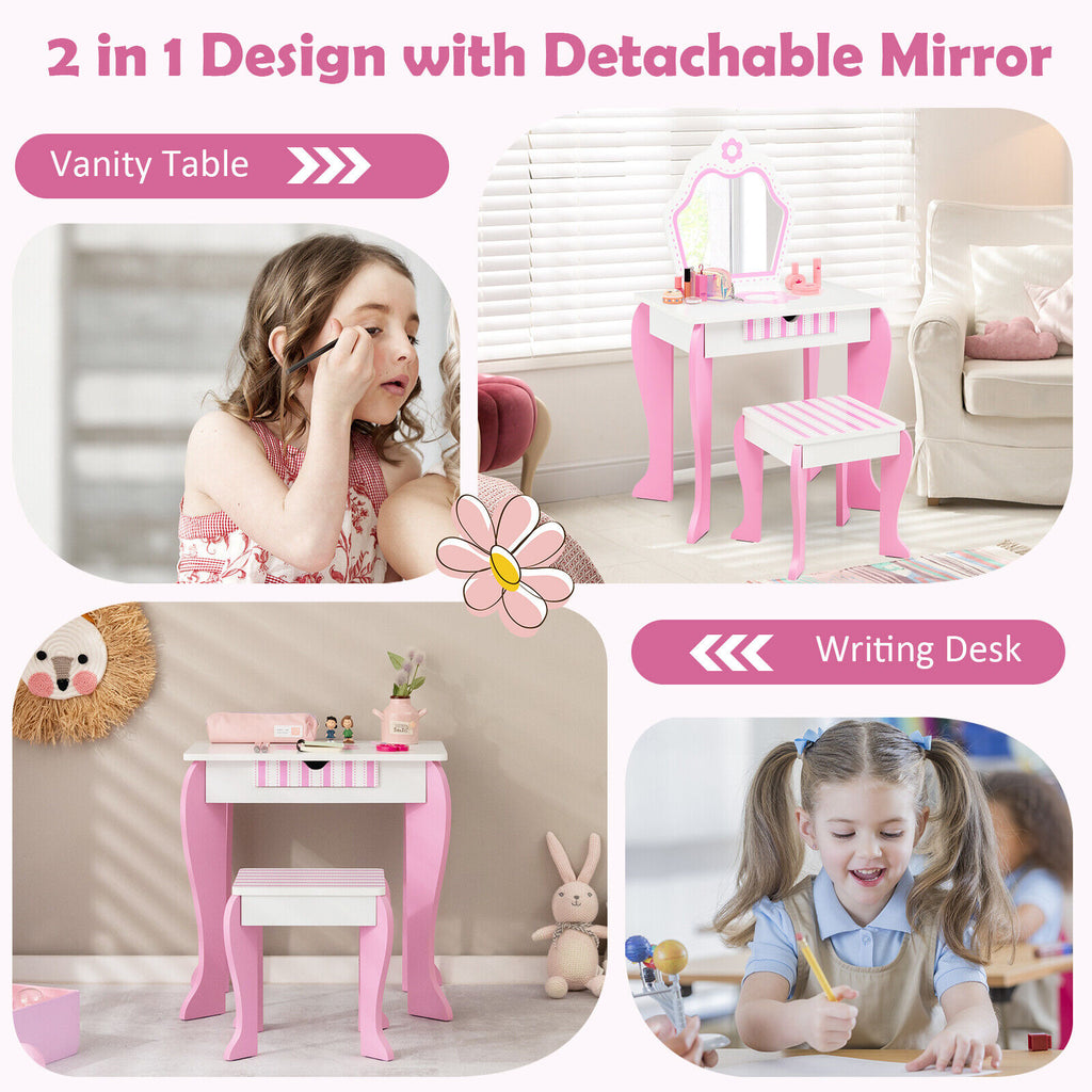 White 2-in-1 Toddler Vanity Set with Detachable Mirror and Flower Pattern