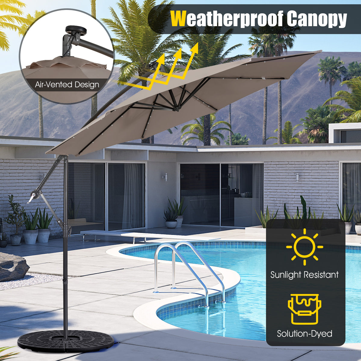 10 x 8.4 Feet Cantilever Umbrella with 32 LED Solar Lights - Brown