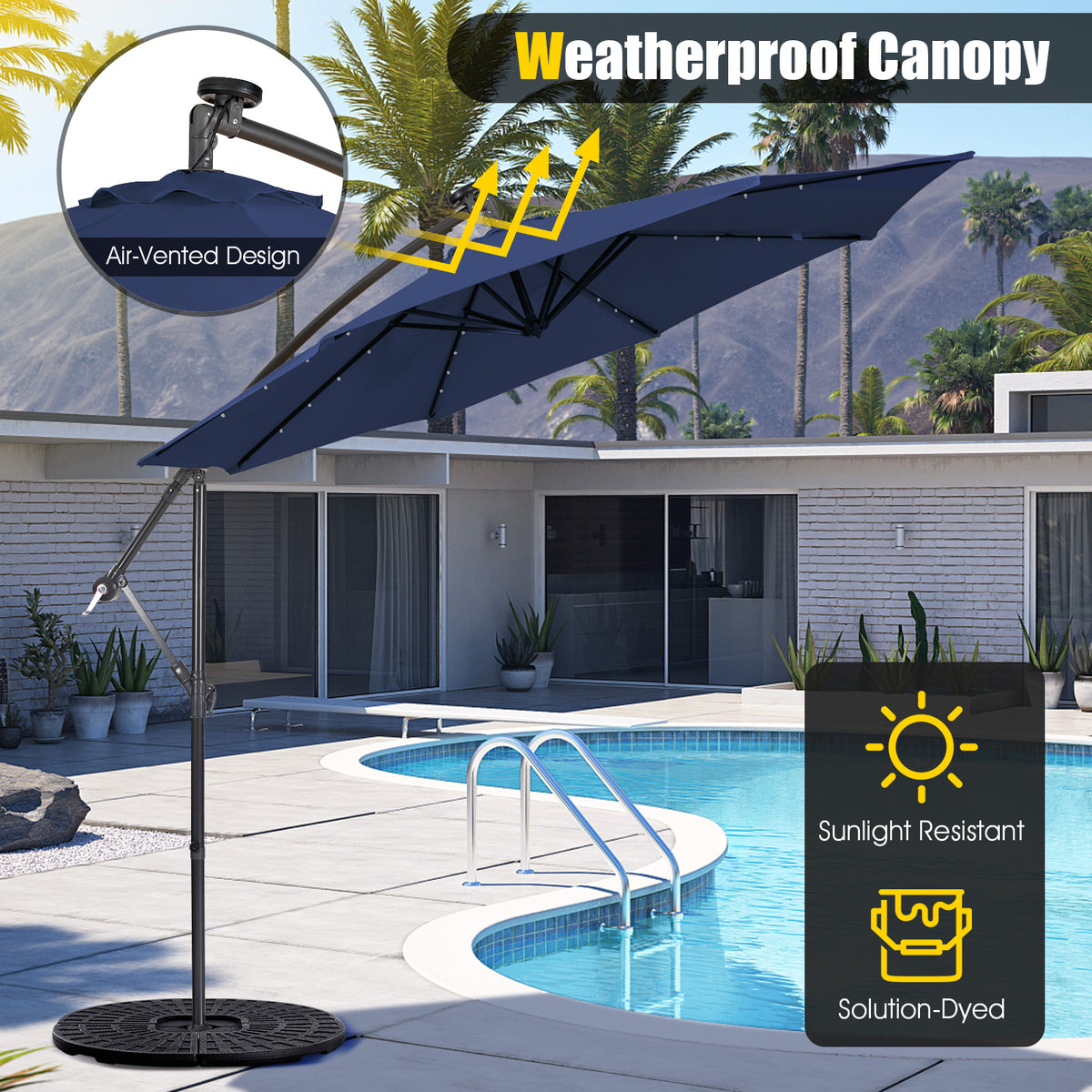 10 x 8.4 Feet Cantilever Patio Umbrella with Solar Lights - Navy