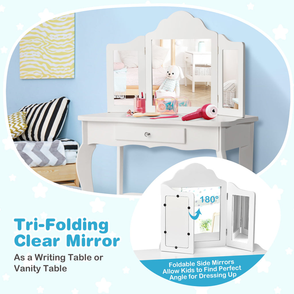 Kids Dressing Vanity Set with Detachable Mirror and Stool - White, No Lights
