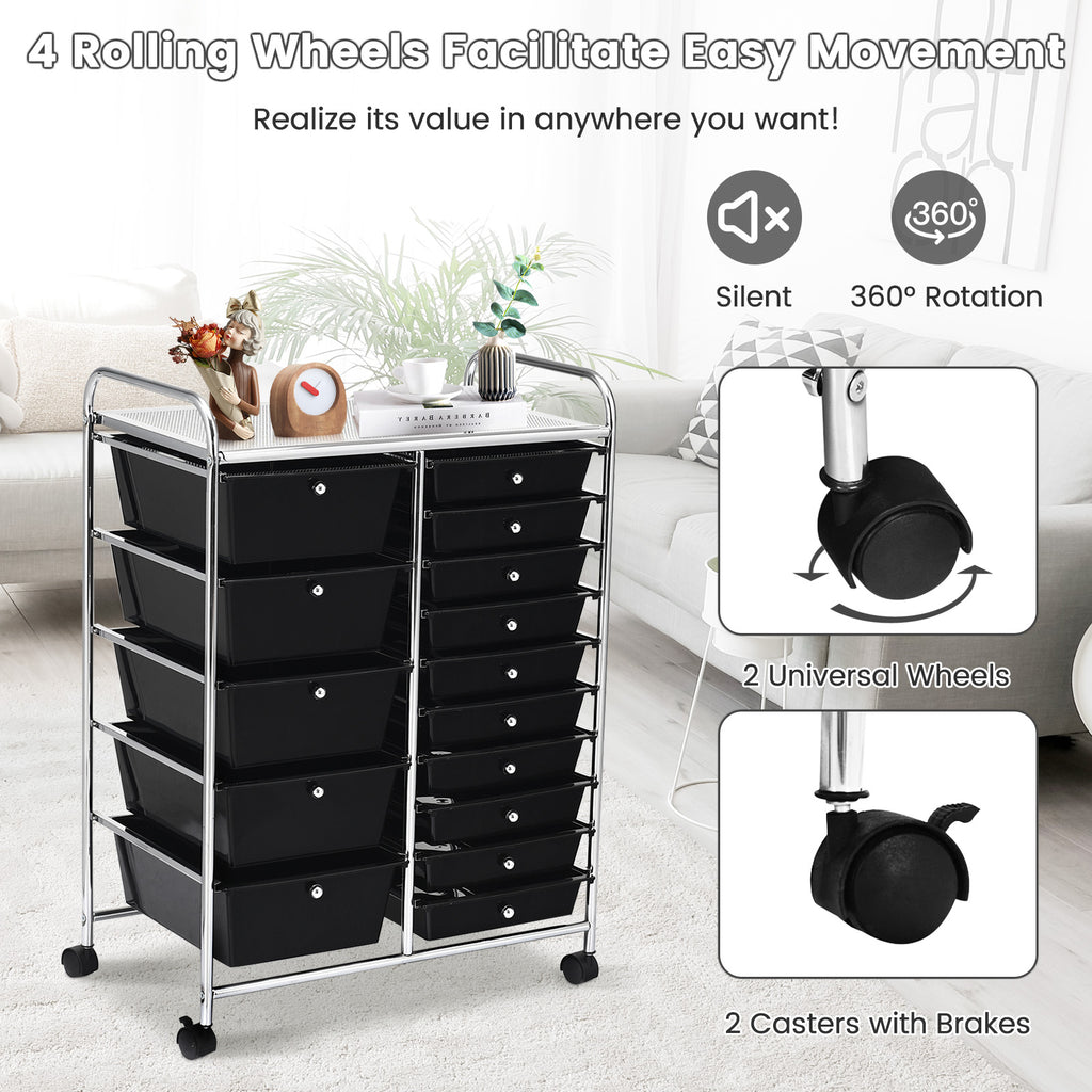 15-Drawer Utility Rolling Cart, Black