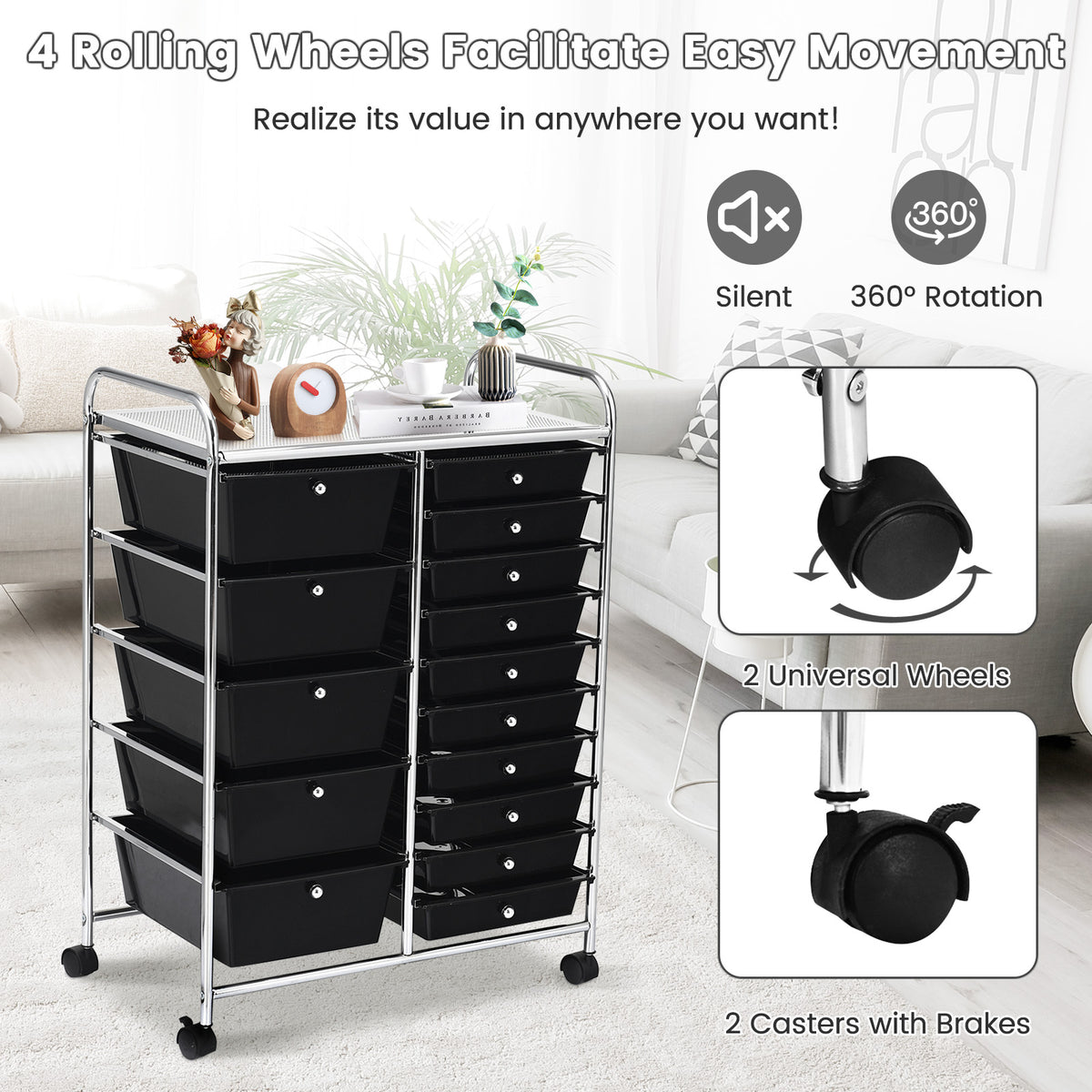 15-Drawer Utility Rolling Cart, Black