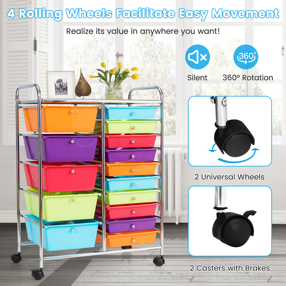 15-Drawer Rolling Utility Cart with Wheels - Multicolor
