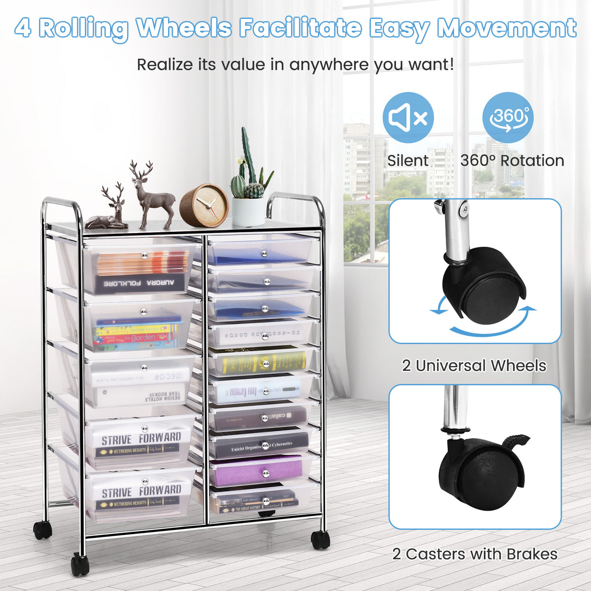 15-Drawer Rolling Utility Cart Storage, Transparent