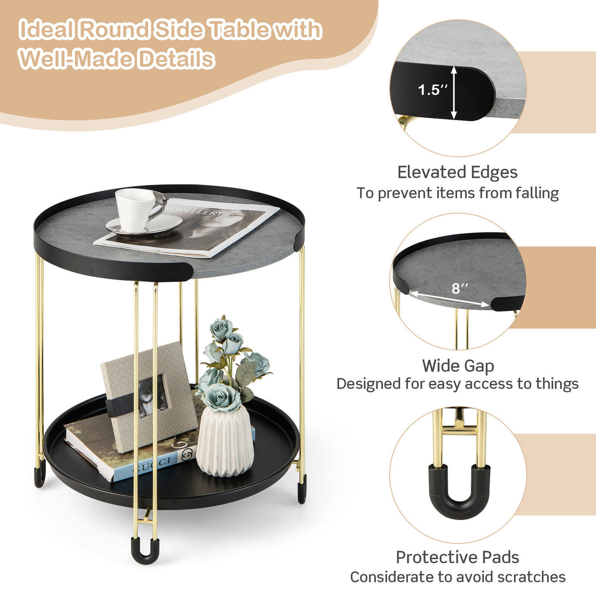 2-Tier Round Side Table with Removable Tray – Golden