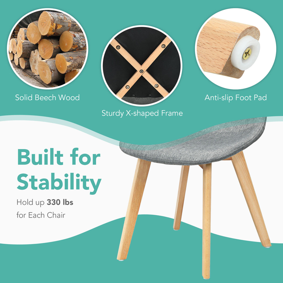 Modern Dining Chair Set of 4 – Wood Legs & Fabric Cushion