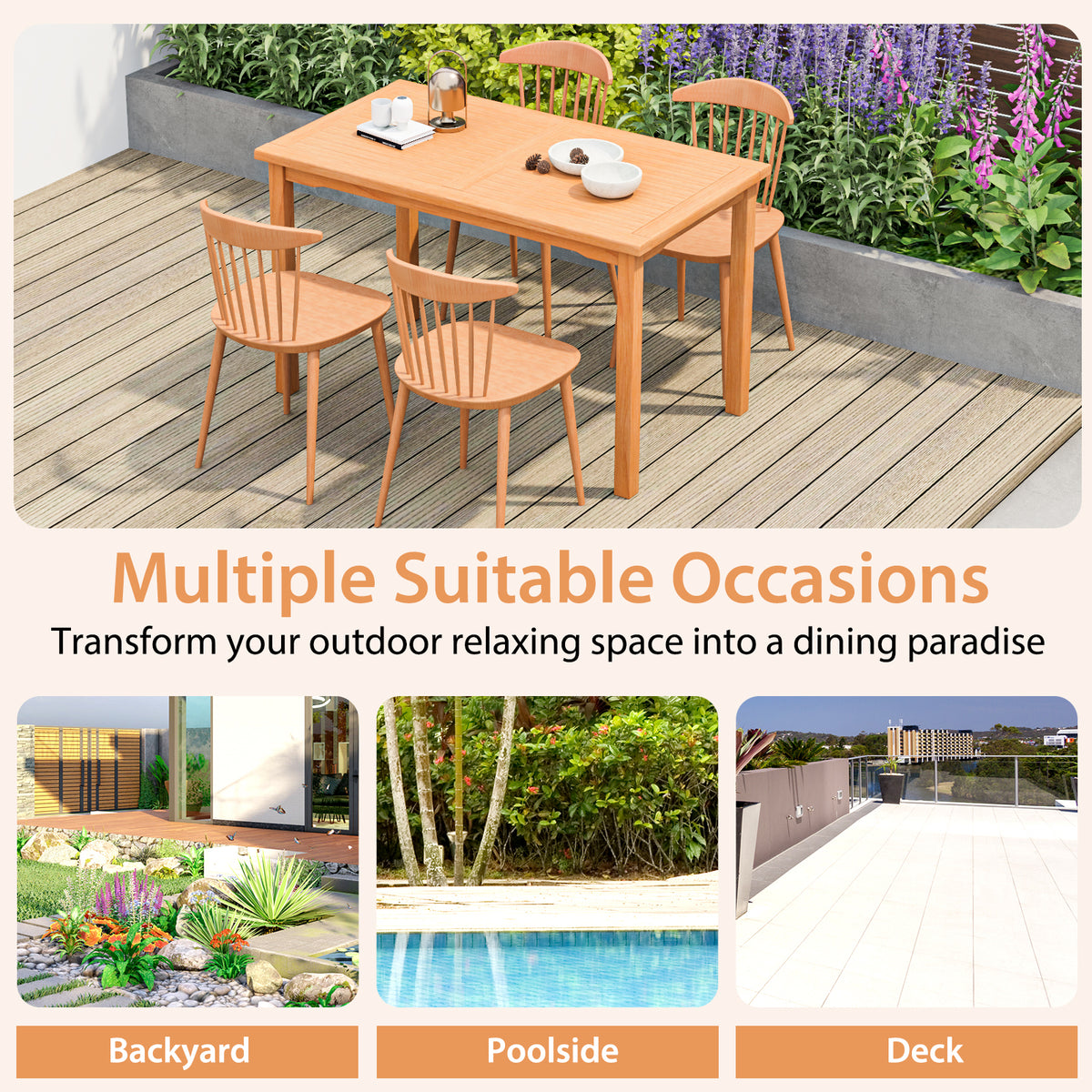 49 Inch Rectangle Patio Indonesia Teak Wood Dining Table with Slatted