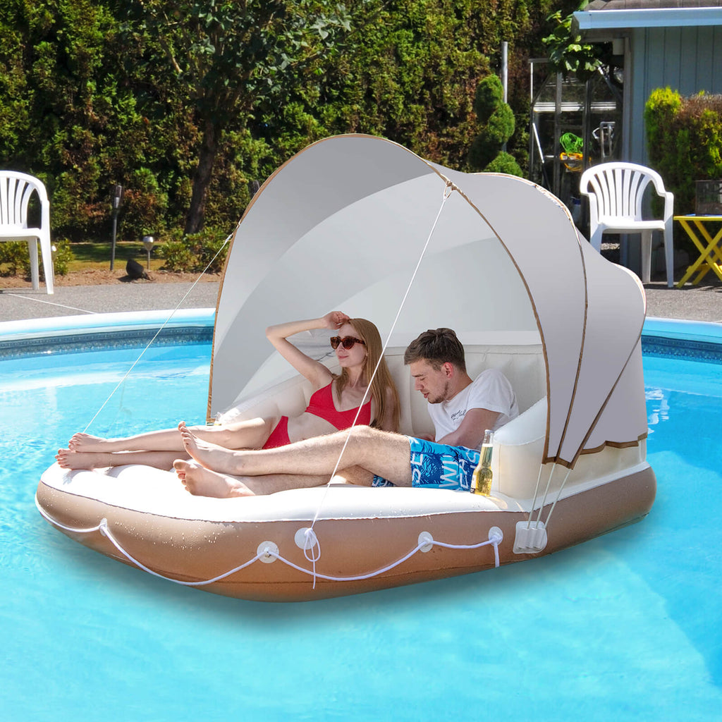 Inflatable Pool Float Lounge with Sunshade and Cup Holders - Swimming Raft