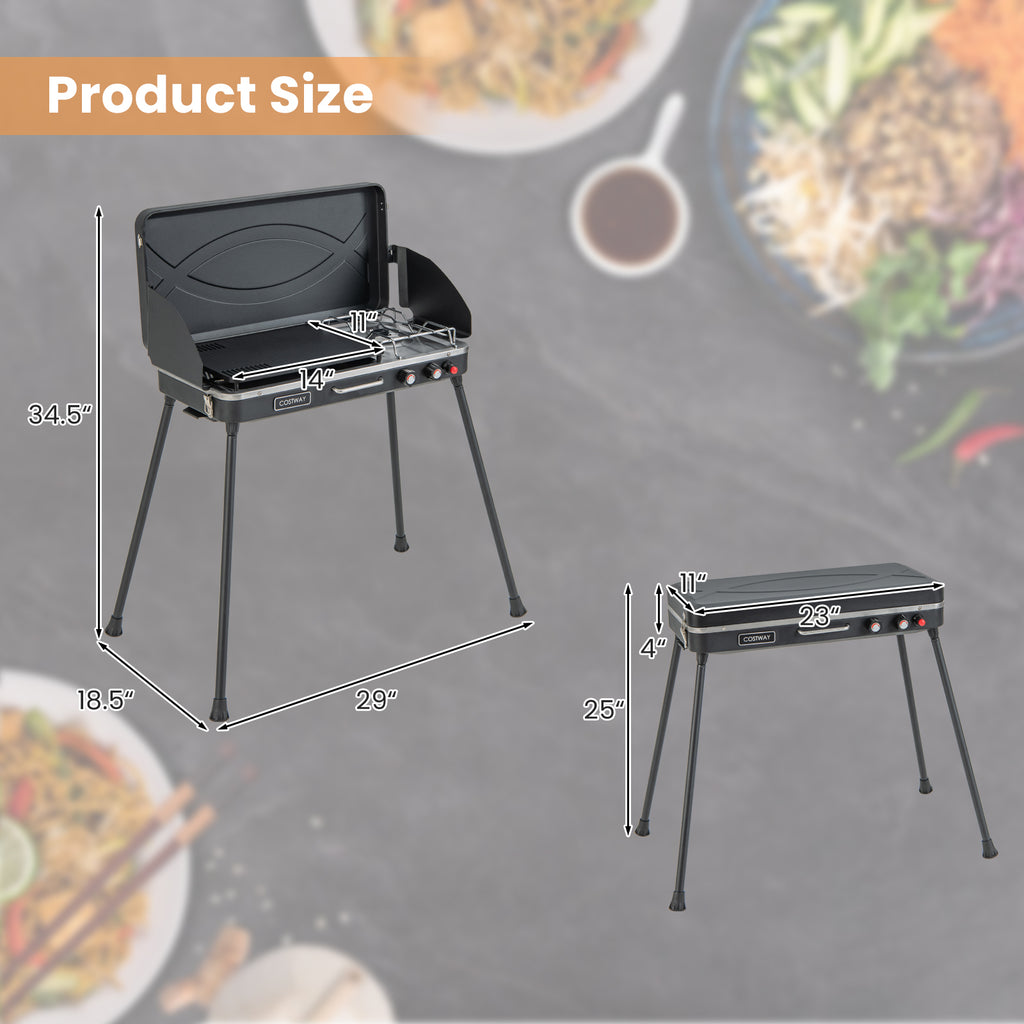 2-in-1 Camping Gas Grill and Stove with Detachable Legs - Black