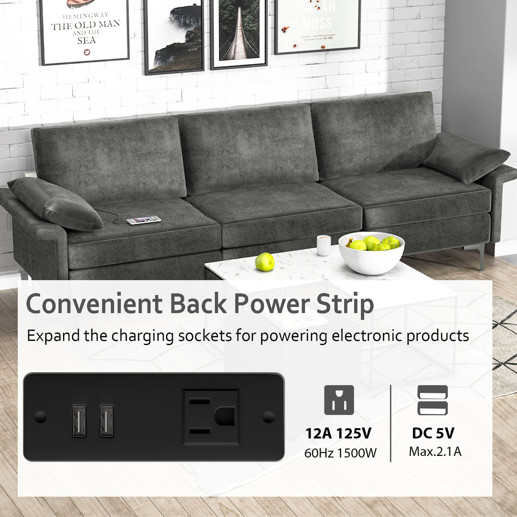 3-Seat Sofa with USB Ports and Metal Legs, Gray