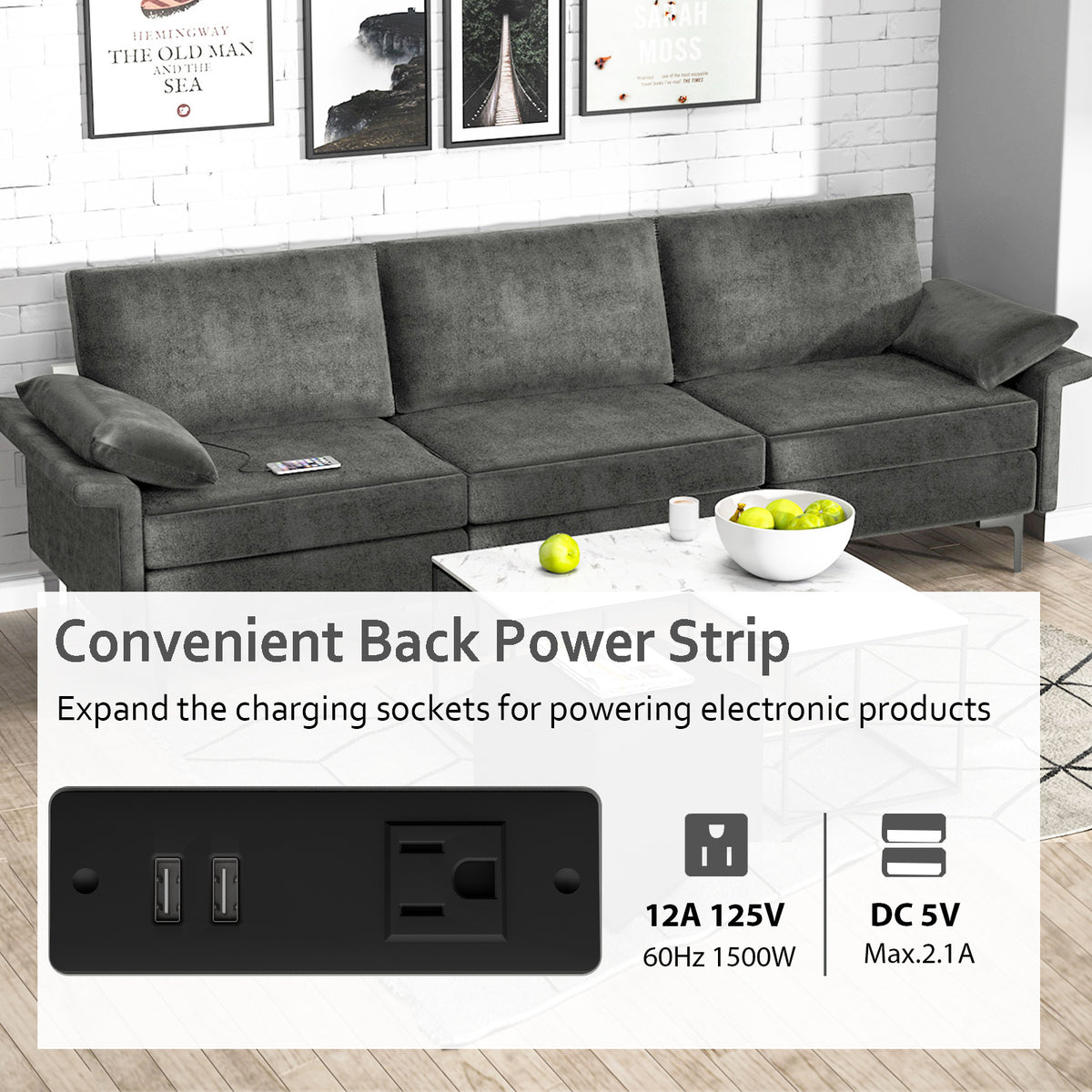 3-Seat Sofa with USB Ports and Metal Legs, Gray