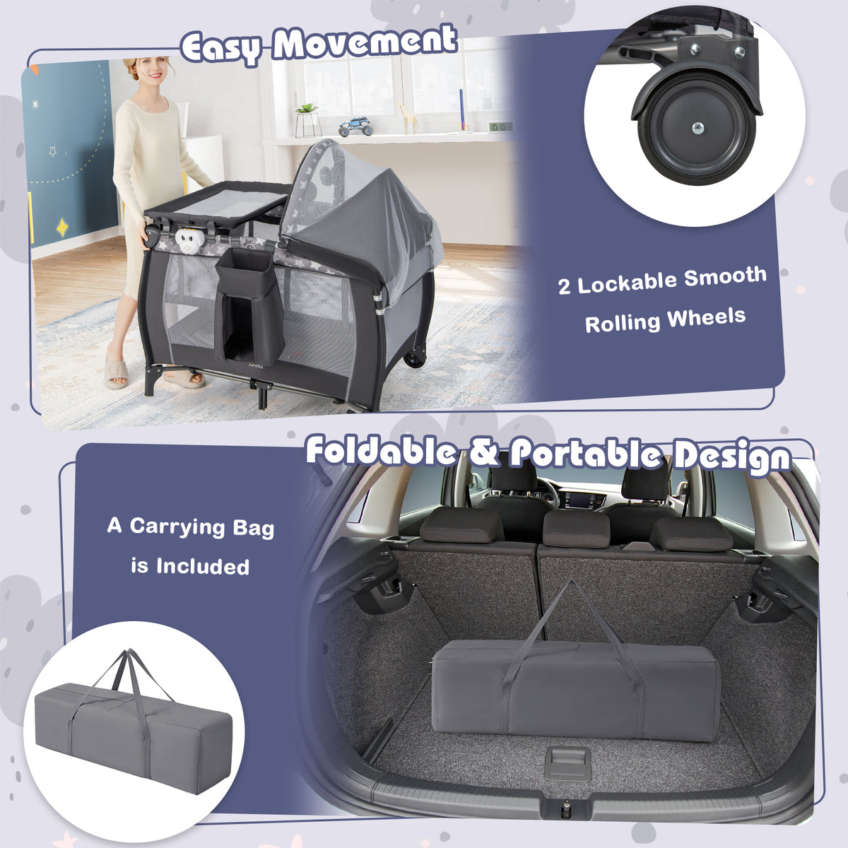 Baby Portable Nursery Center 4-in-1 Travel Crib with Canopy - Gray