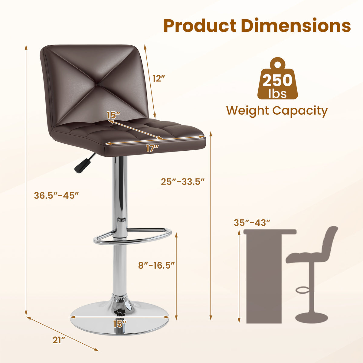 PU Leather Bar Stools Set of 2 with Back, Adjustable Height - Diamond Pattern, Brown