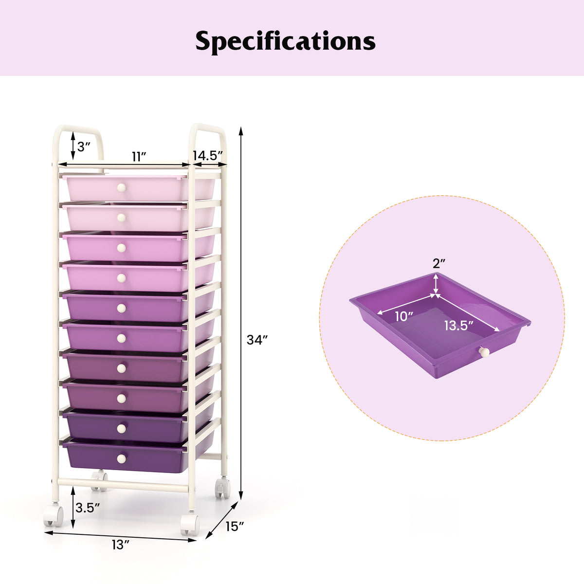 10 Drawer Rolling Storage Cart Organizer with 4 Universal Casters