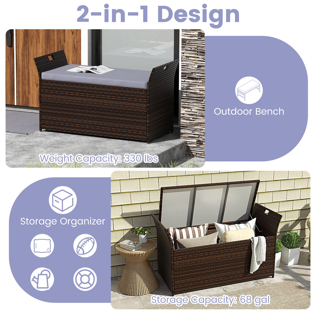 Outdoor Bench with Hand-woven PE Rattan Wicker and Side Handles