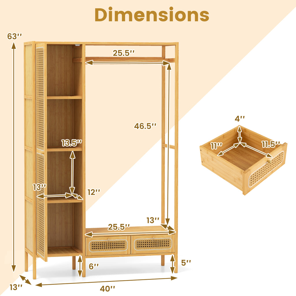 Bamboo Clothing Rack with Cabinet and Drawers - Natural
