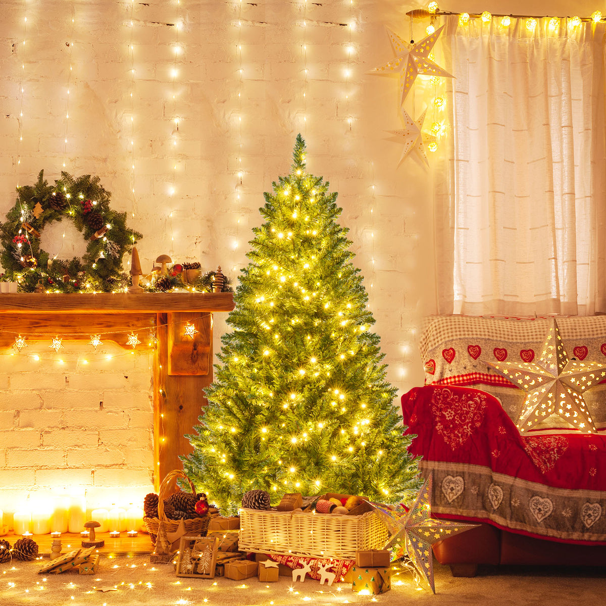 5 Ft Artificial Christmas Tree with Hinged Branches & 7 Lighting Modes - Costway