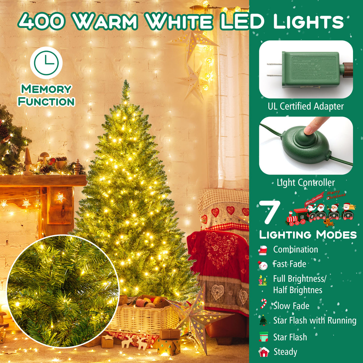 5 Ft Artificial Christmas Tree with Hinged Branches & 7 Lighting Modes - Costway