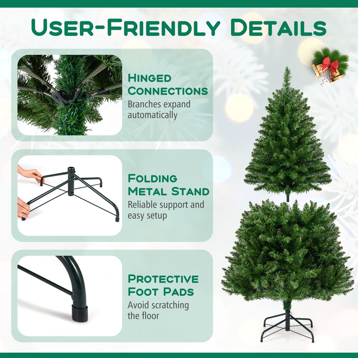 5 Ft Artificial Christmas Tree with Hinged Branches & 7 Lighting Modes - Costway