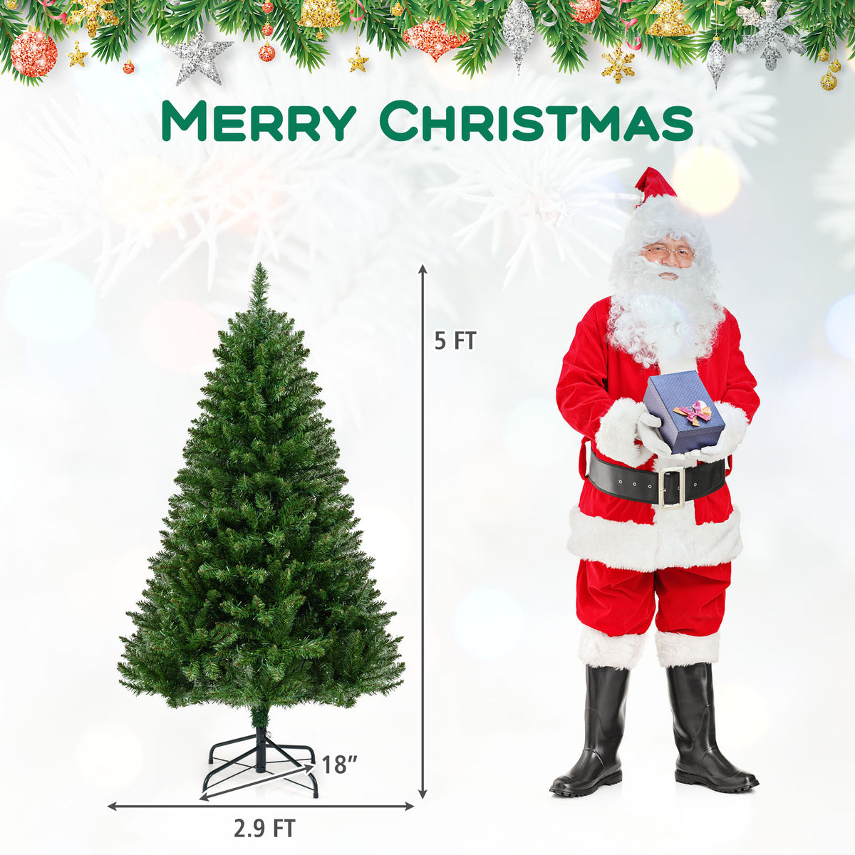 5 Ft Artificial Christmas Tree with Hinged Branches & 7 Lighting Modes - Costway