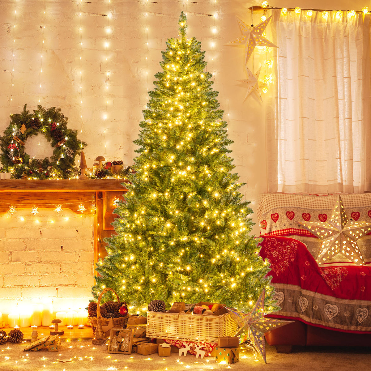 5 Ft Artificial Christmas Tree with Hinged Branches & 7 Lighting Modes - Costway