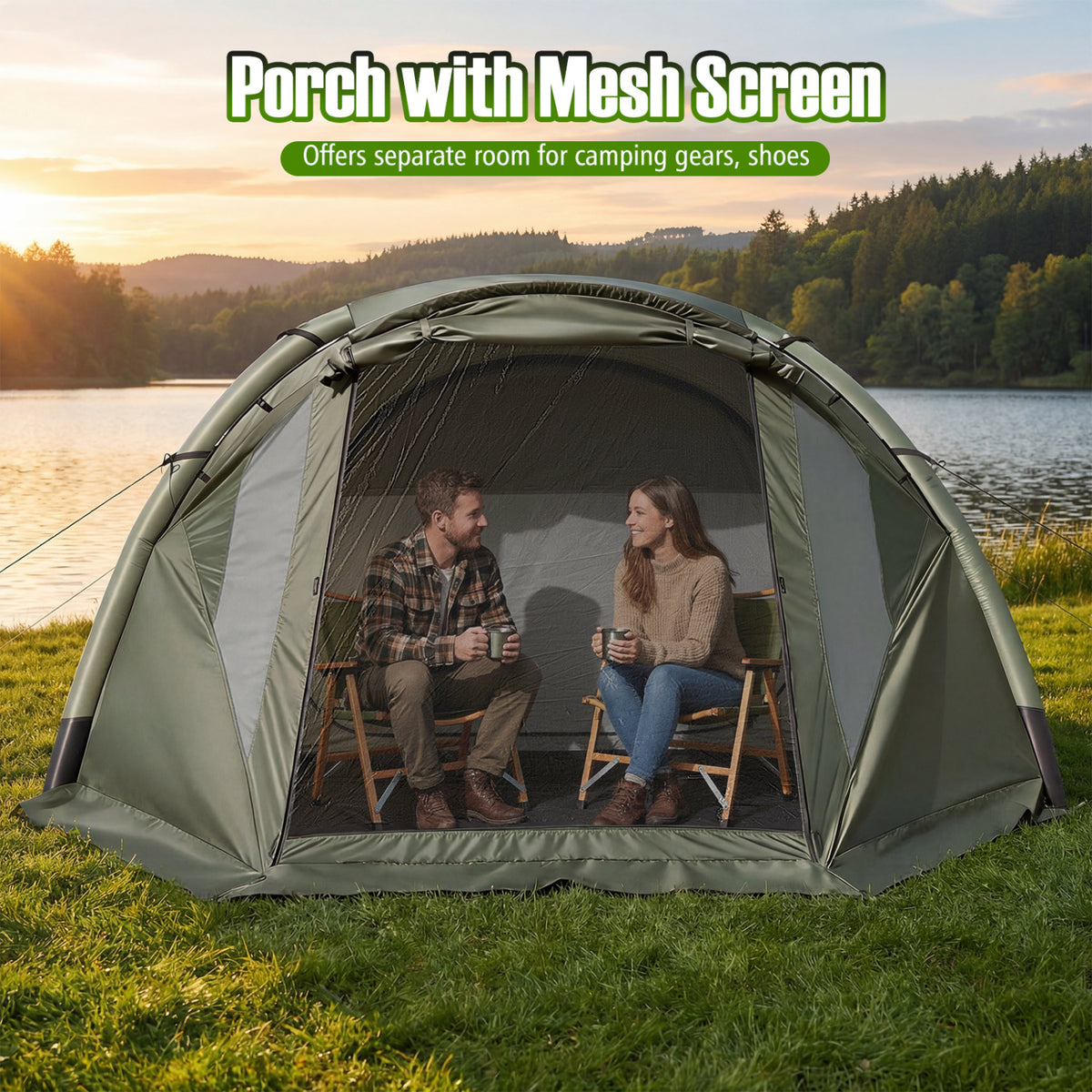 5-7 Person Inflatable Camping Tent with Screened Porch - Green