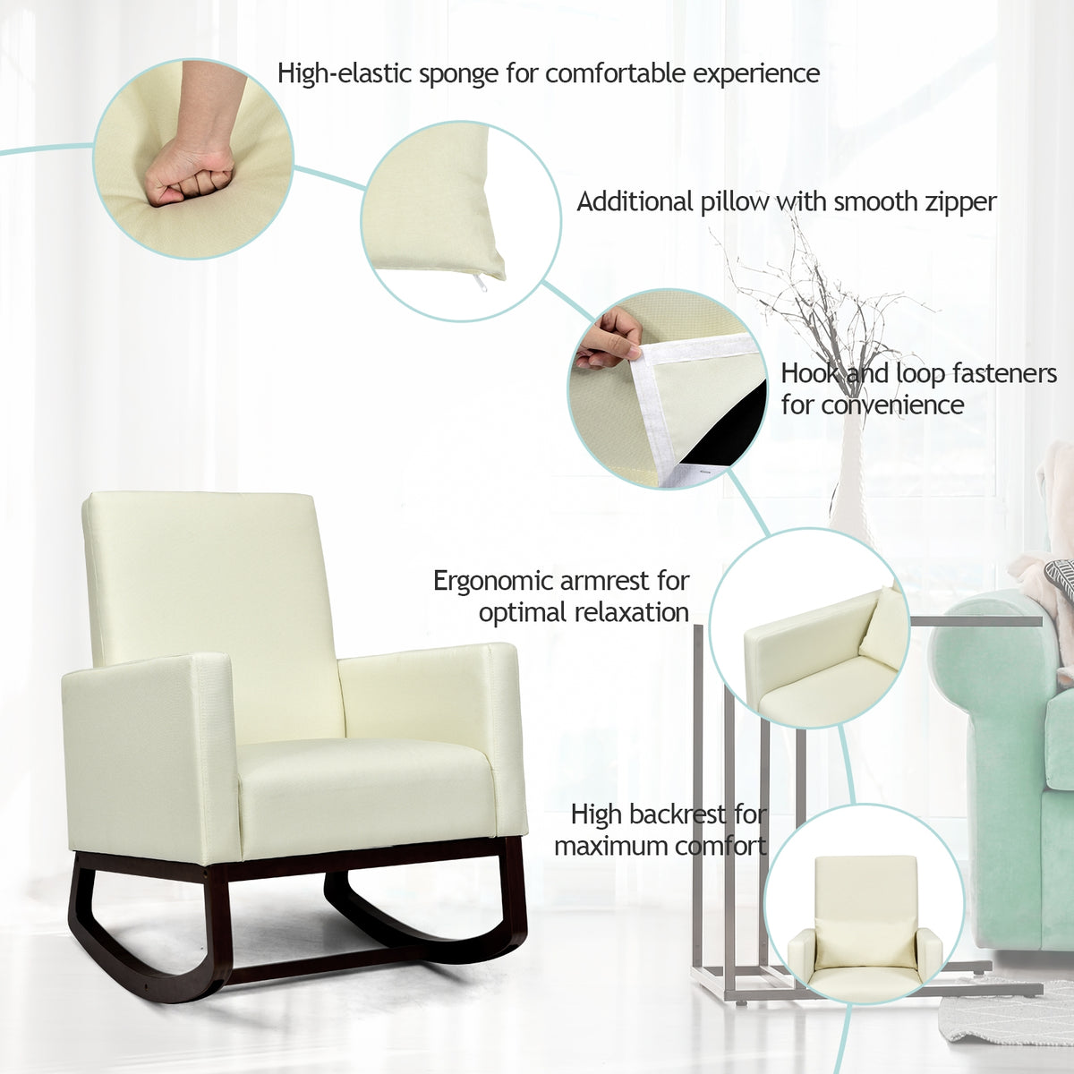 2-in-1 Fabric Upholstered Rocking Chair with Waist Pillow - Beige
