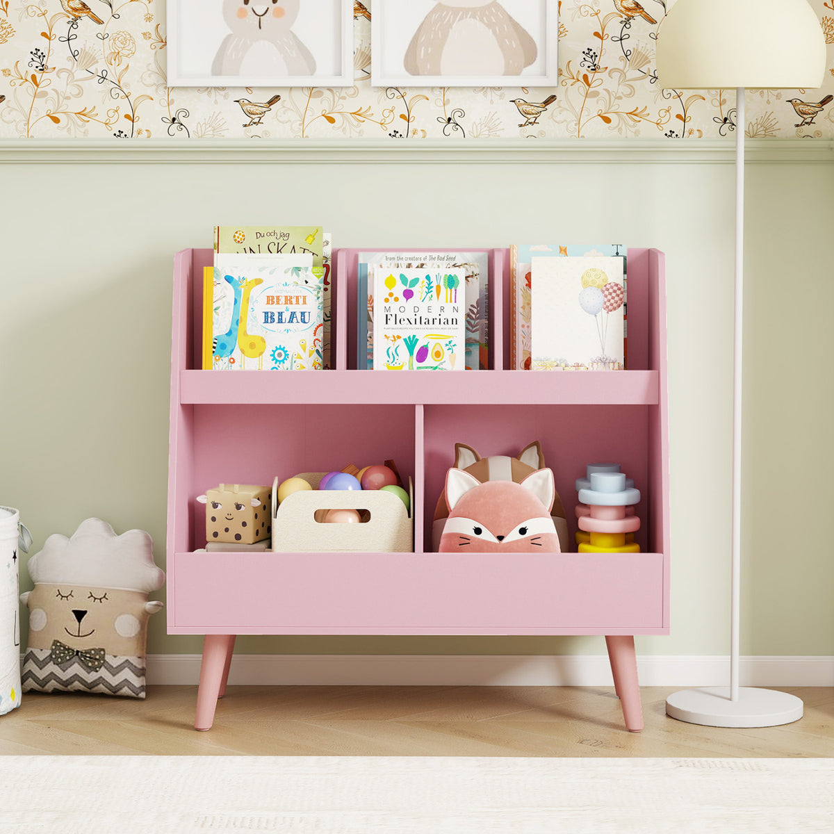 Kids Bookshelf and Toy Organizer - 5 Cubes, Pink, Anti-Tipping Safety