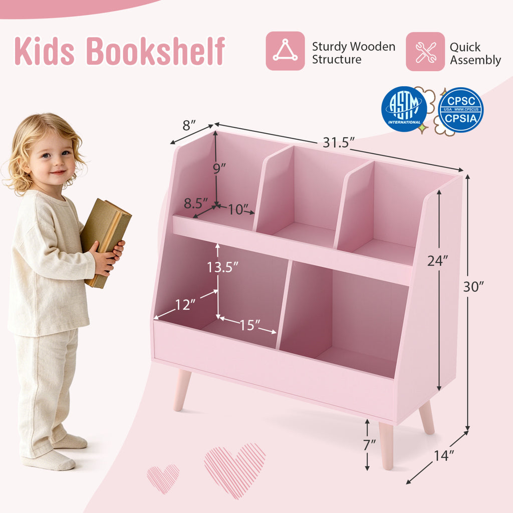 Kids Bookshelf and Toy Organizer - 5 Cubes, Pink, Anti-Tipping Safety