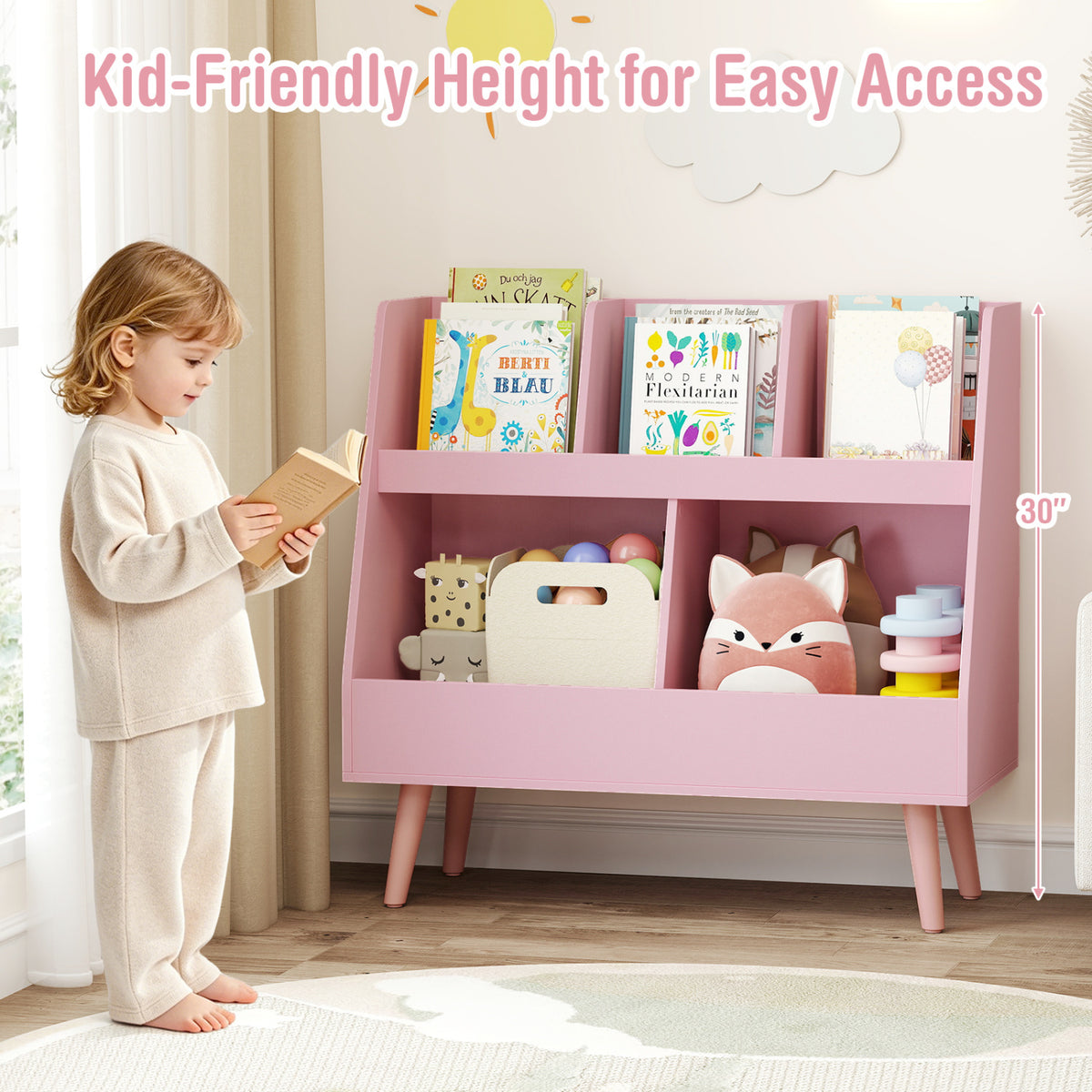 Kids Bookshelf and Toy Organizer - 5 Cubes, Pink, Anti-Tipping Safety