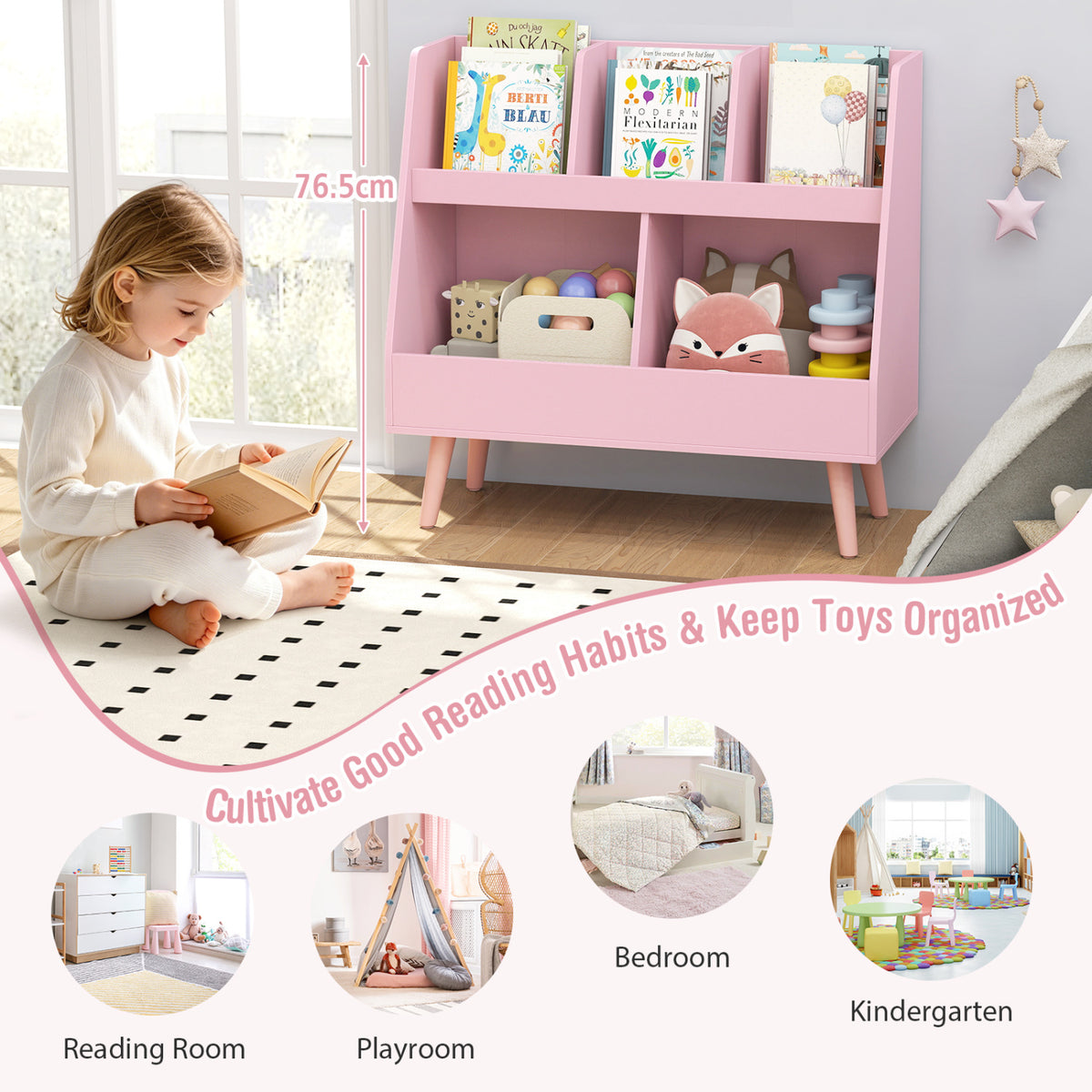 Kids Bookshelf and Toy Organizer - 5 Cubes, Pink, Anti-Tipping Safety
