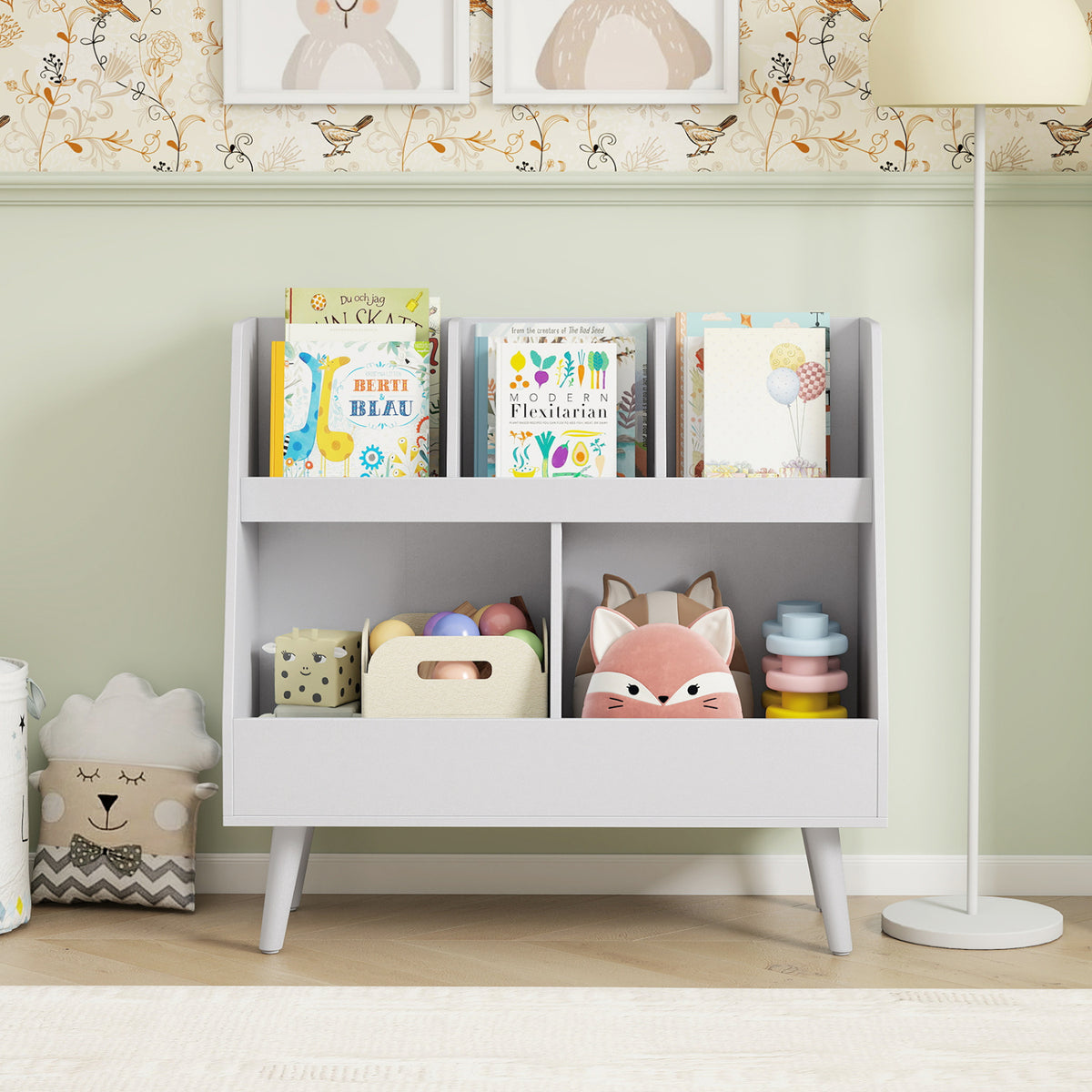 Kids Bookshelf and Toy Organizer - 5 Cubes, Light Gray, Anti-Tipping Kids Storage