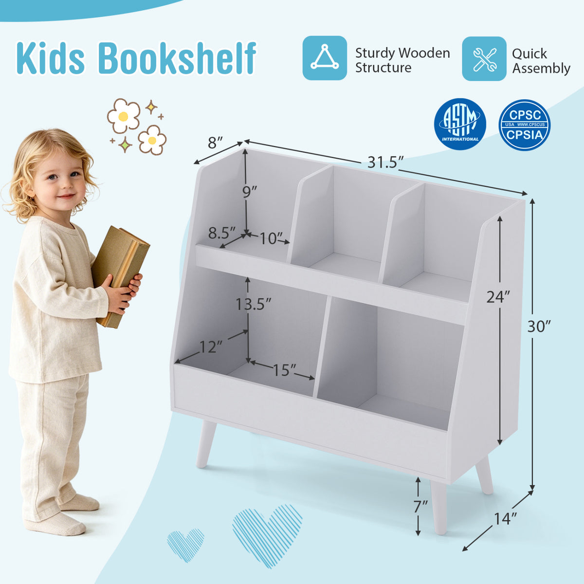 Kids Bookshelf and Toy Organizer - 5 Cubes, Light Gray, Anti-Tipping Kids Storage