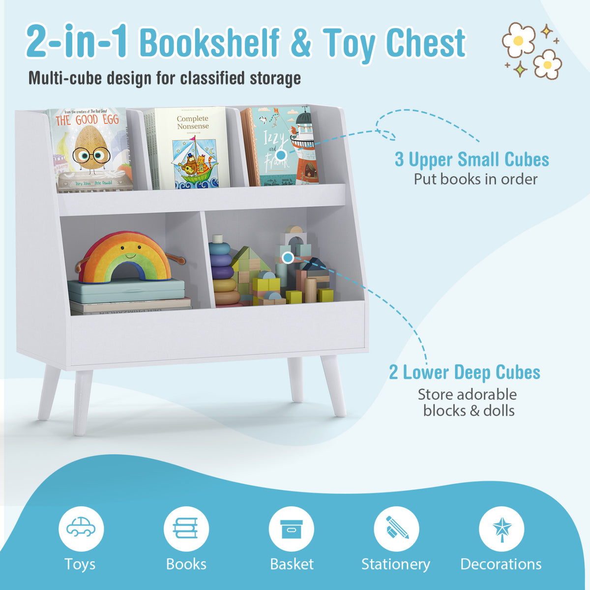 Kids Bookshelf and Toy Organizer - 5 Cubes, Light Gray, Anti-Tipping Kids Storage