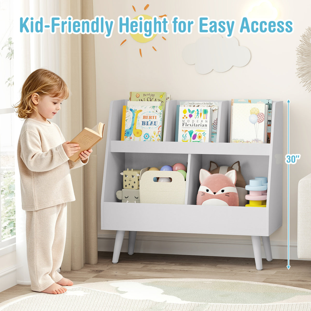 Kids Bookshelf and Toy Organizer - 5 Cubes, Light Gray, Anti-Tipping Kids Storage