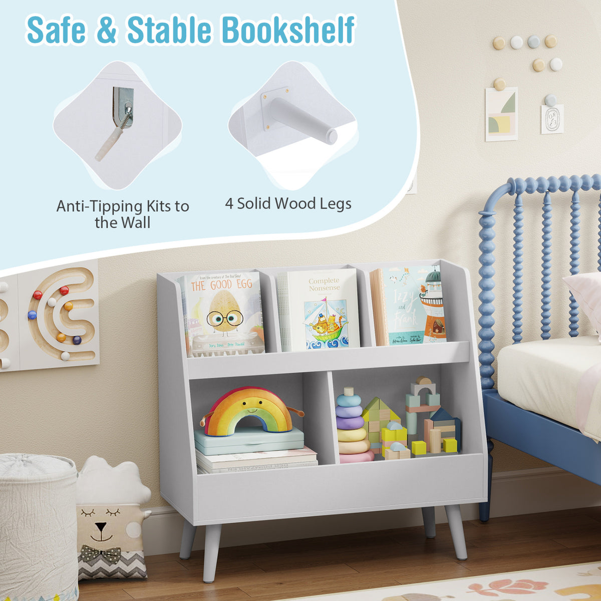 Kids Bookshelf and Toy Organizer - 5 Cubes, Light Gray, Anti-Tipping Kids Storage